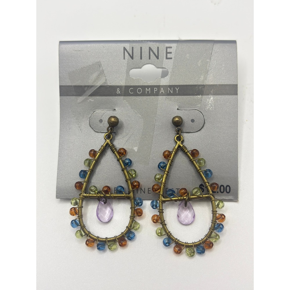 Nine & Company Beaded Teardrop Earrings Boho Brass Tone Multi Color Drop Post